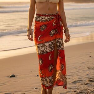 Celestial Red and Orange Maxi Wrap Skirt Cover Up Size M